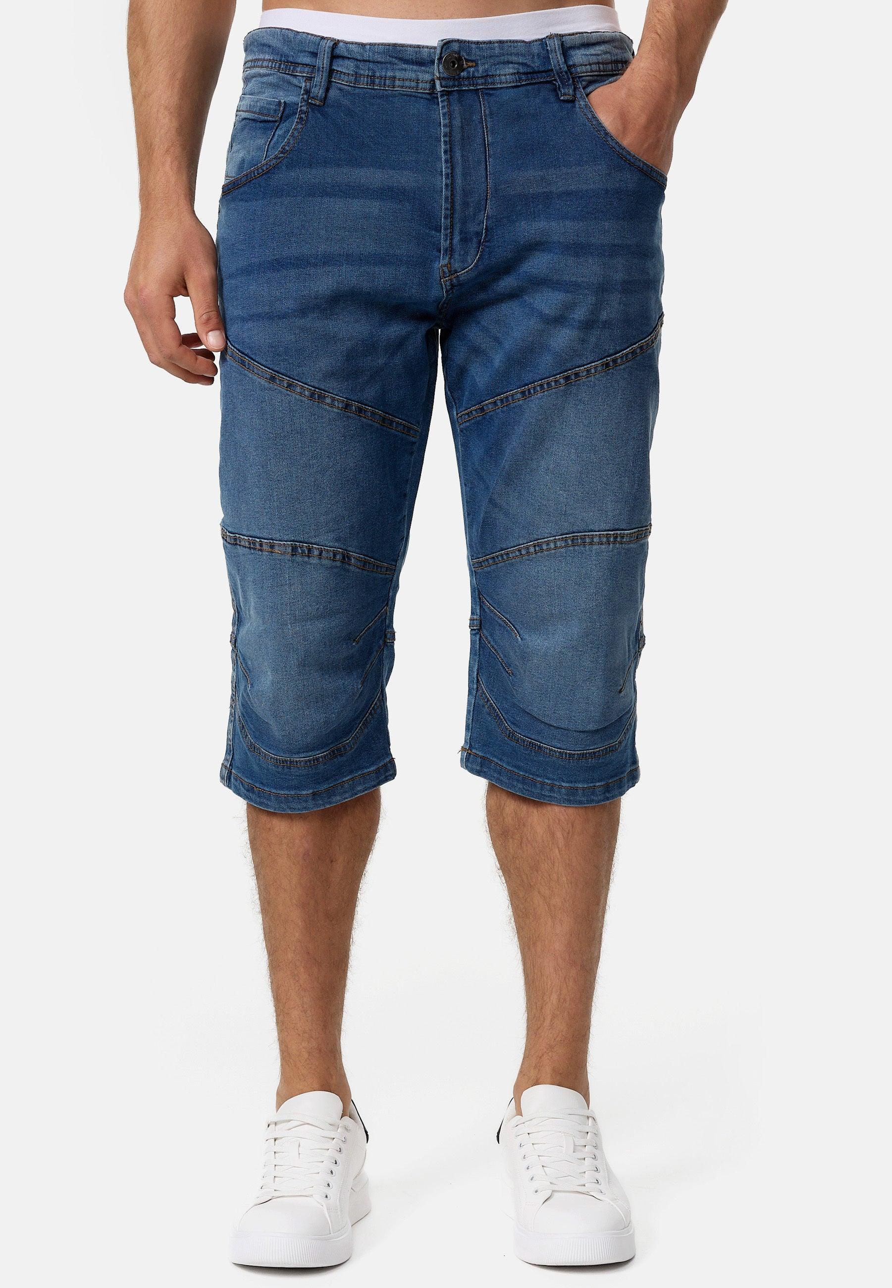 【INDIGO】Denim bermuda pants Indicode Men's Fortune 3/4 Jeans Shorts with 5 pockets made of 98