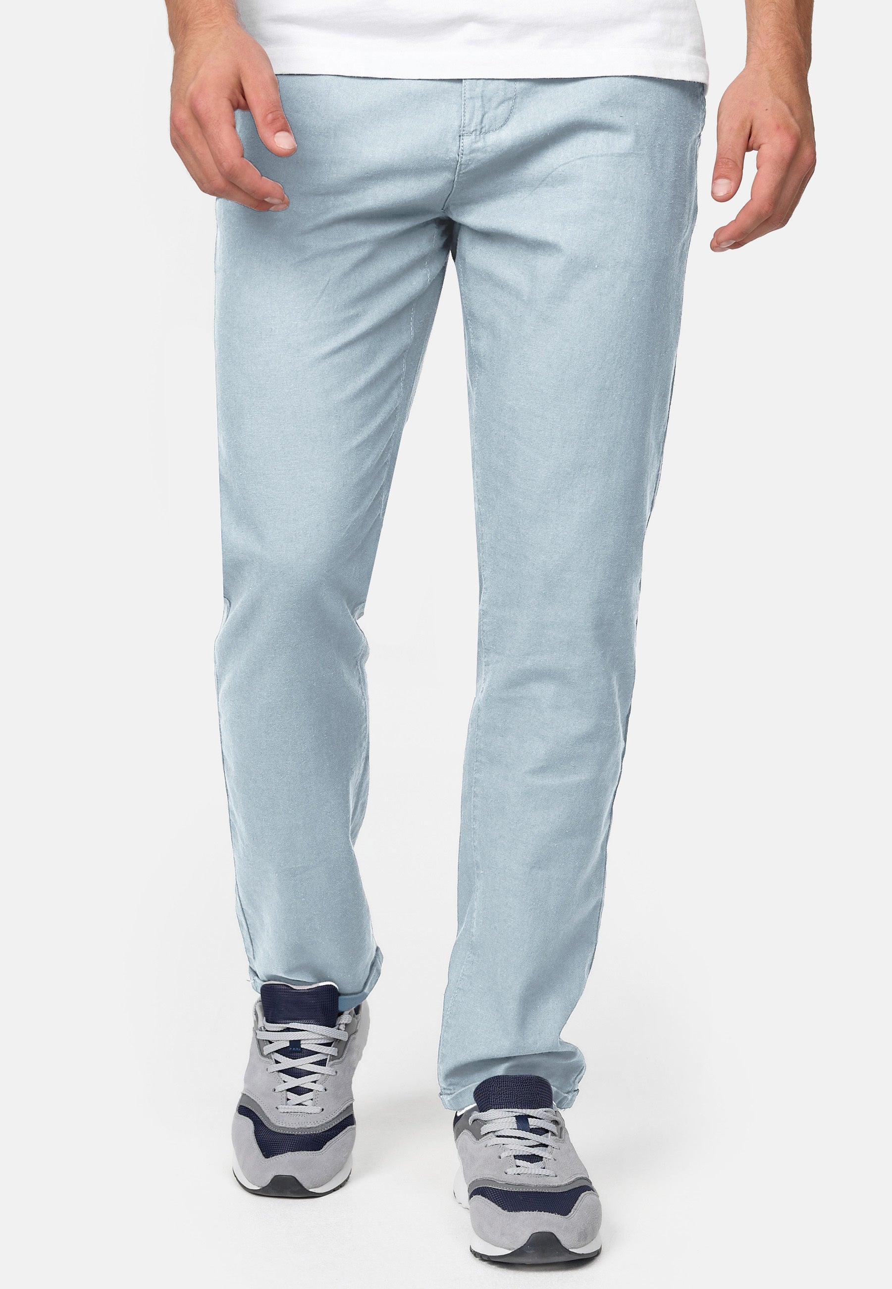 Indicode men's Haverfield trousers made of 55% linen & 45% cotton with 4 pockets incl. belt