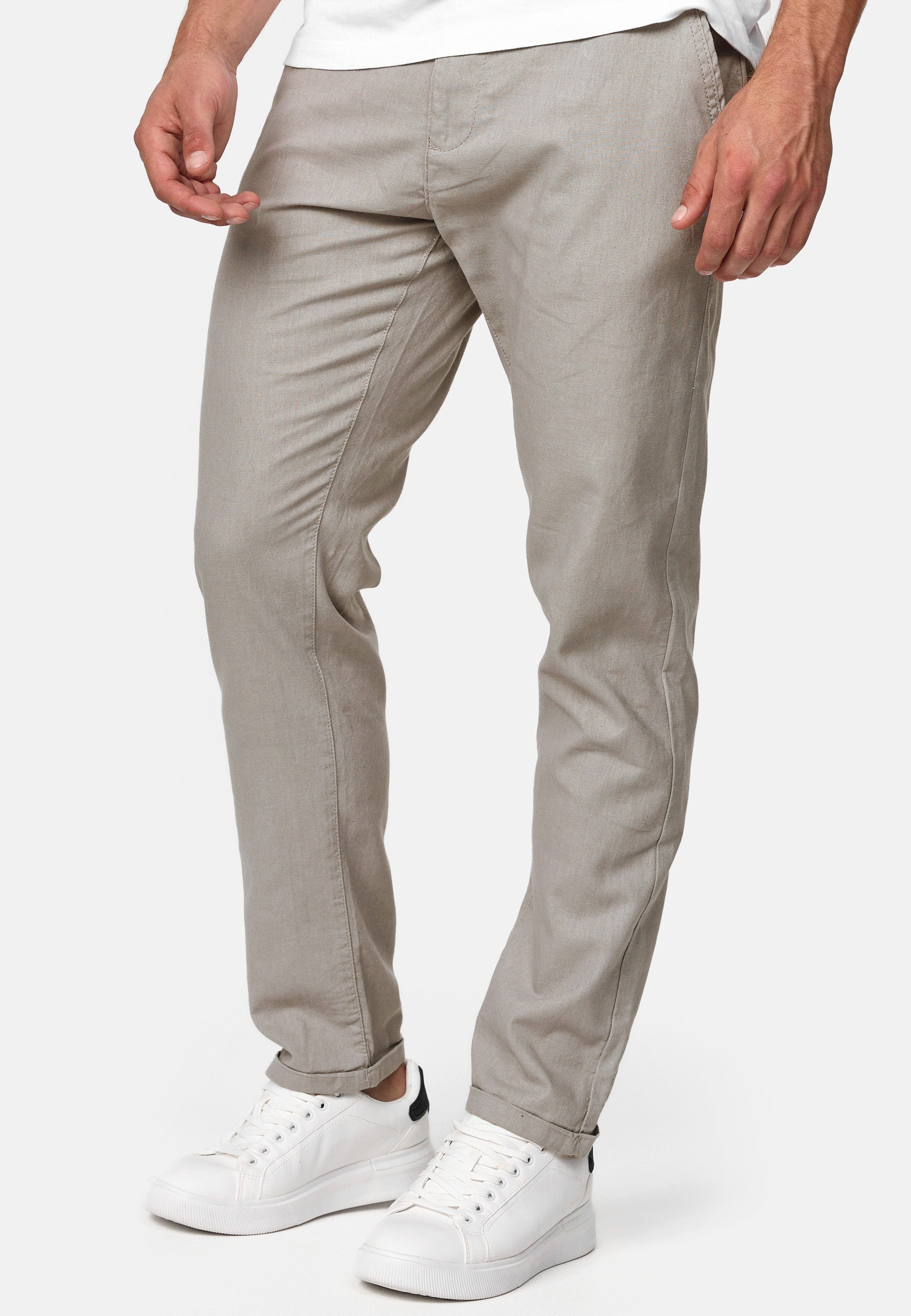 Indicode men's Haverfield trousers made of 55% linen & 45% cotton with 4 pockets incl. belt