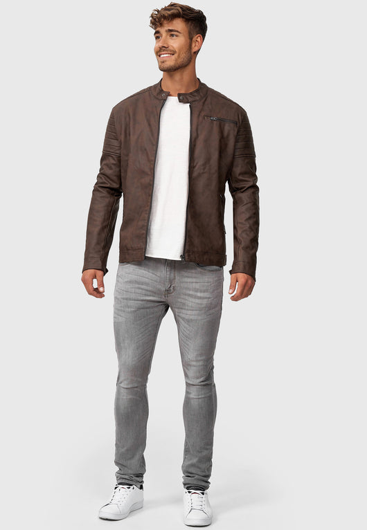 Indicode men's Manuel leather jacket made of imitation leather with a biker collar