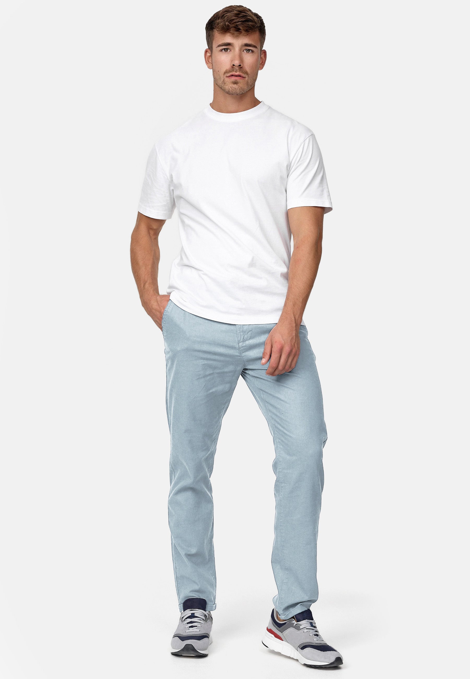 Indicode men's Haverfield trousers made of 55% linen & 45% cotton with 4 pockets incl. belt