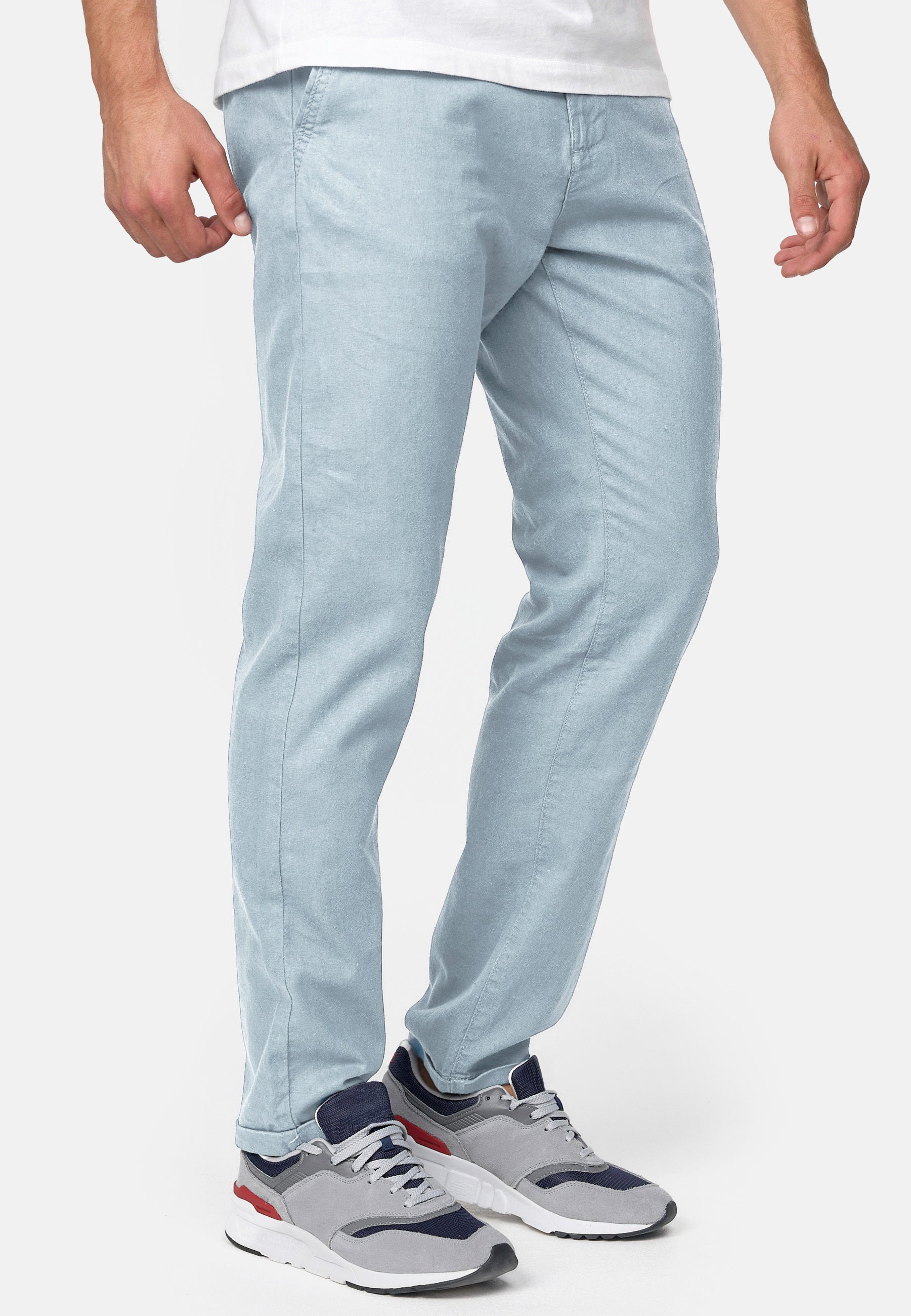 Indicode men's Haverfield trousers made of 55% linen & 45% cotton with 4 pockets incl. belt