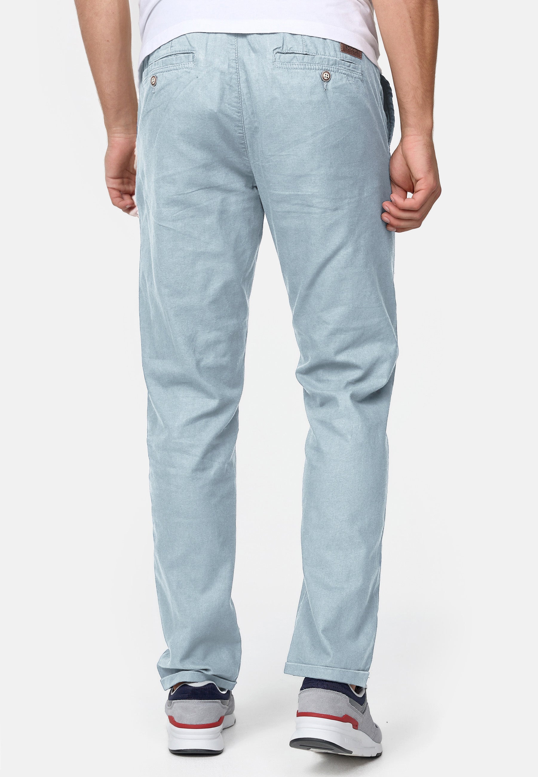 Indicode men's Haverfield trousers made of 55% linen & 45% cotton with 4 pockets incl. belt