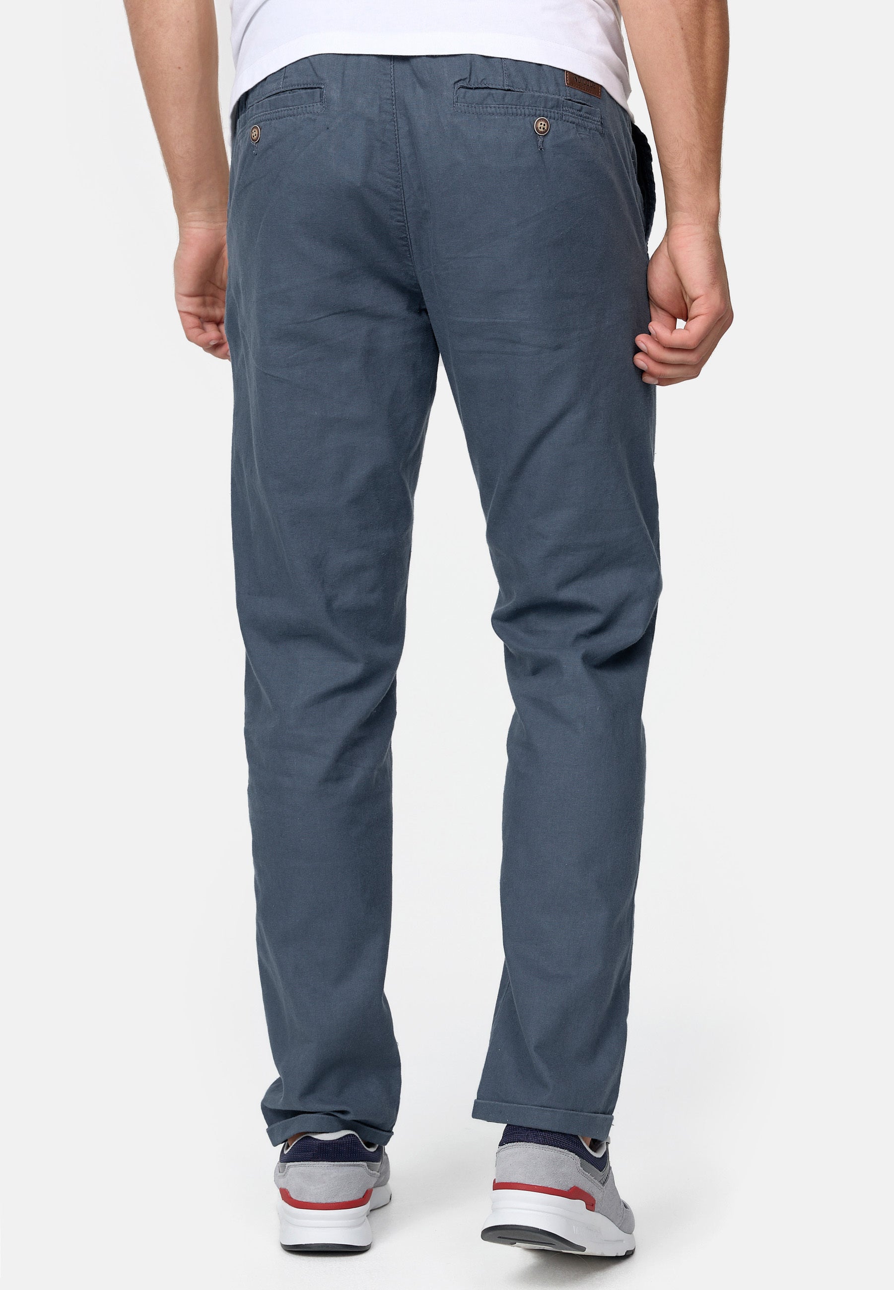 Indicode men's Haverfield trousers made of 55% linen & 45% cotton with 4 pockets incl. belt
