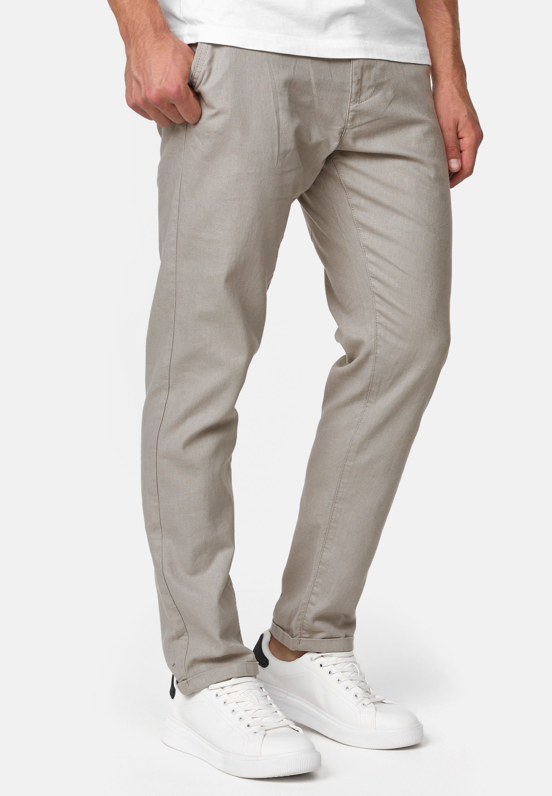 Indicode men's Haverfield trousers made of 55% linen & 45% cotton with 4 pockets incl. belt