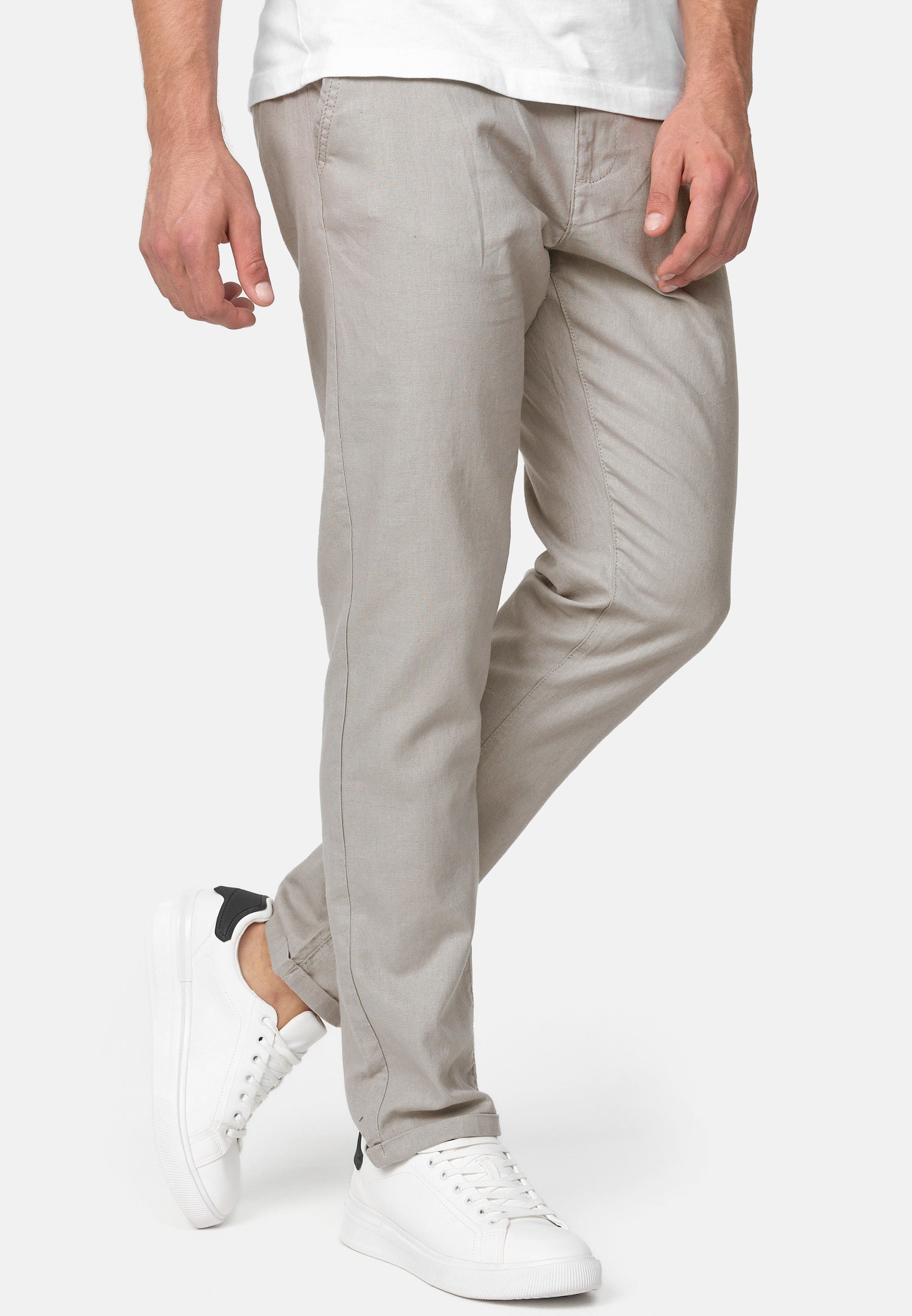 Indicode men's Haverfield trousers made of 55% linen & 45% cotton with 4 pockets incl. belt