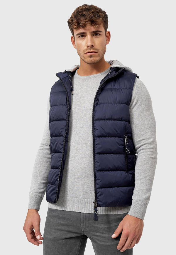Indicode men's Stockton quilted vest with detachable jersey hood and 3 pockets